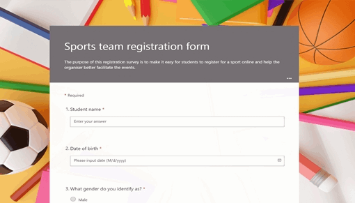 Sports team registration form