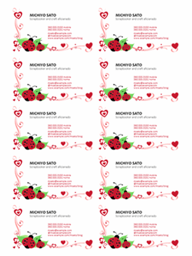 Business cards (ladybugs and hearts, left-aligned, 10 per page)