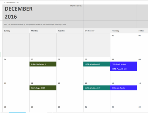 Homework calendar Homework calendar