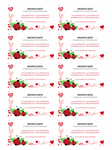 Business cards (ladybugs and hearts, centered, 10 per page)
