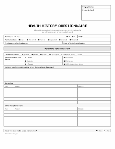 Patient Health History Questionnaire 4 Pages