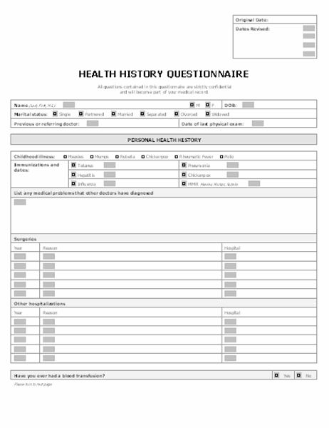 Health history questionnaire (online)