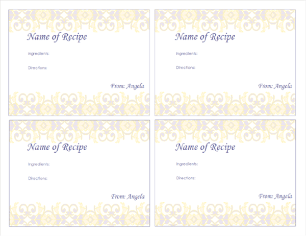 recipe card template for word 4 per page