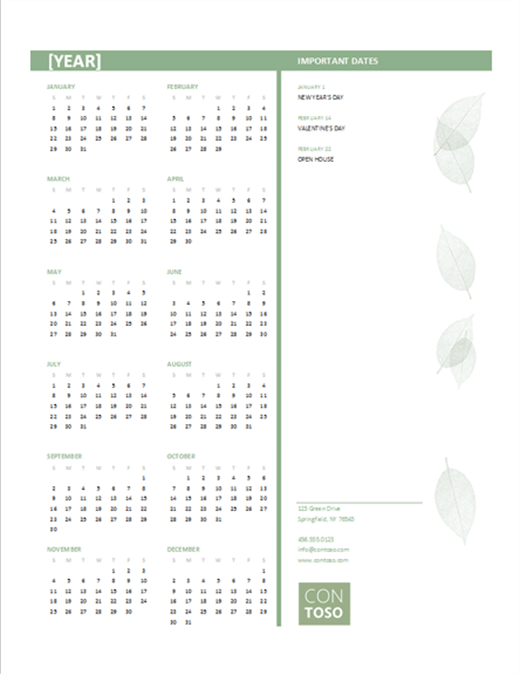 Small business calendar (any year, Sun-Sat)
