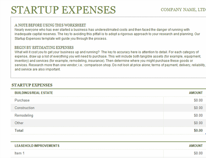 Startup Expenses Excel