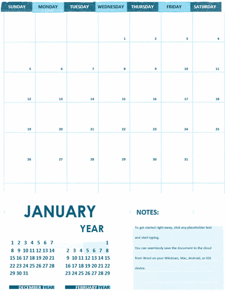 Academic calendar (one month, any year, Sunday start)