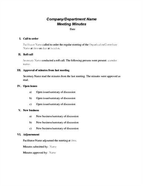 Minutes for organization meeting (long form)