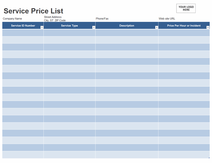 Service price list