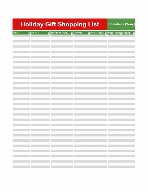 Gift shopping list