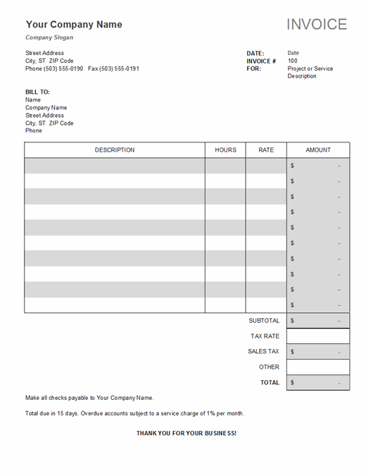 Service invoice with tax calculation