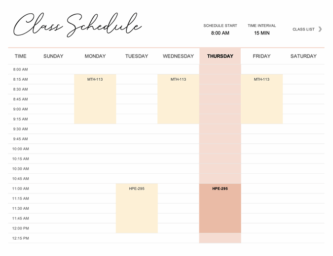 excel student schedule template