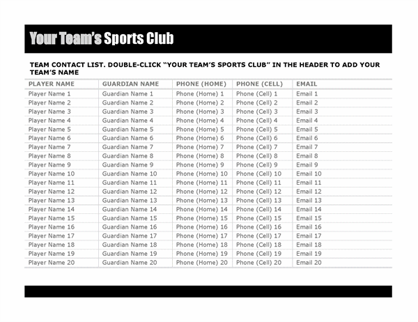 Contact list for sports team