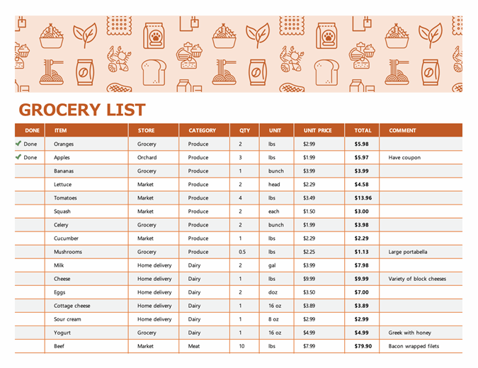 Grocery list (with category totals)