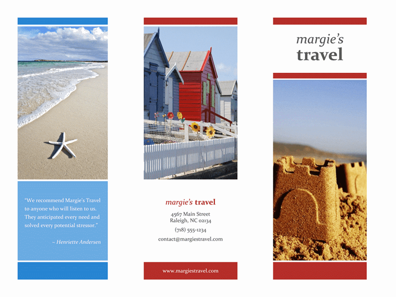 Tri-fold travel brochure (red, gold, blue design)