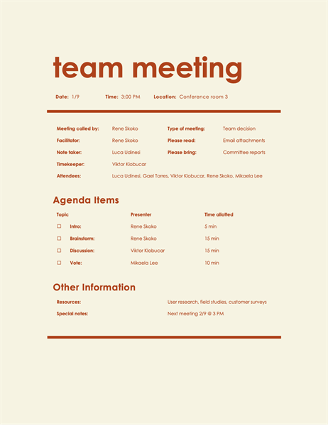 Team meeting agenda (informal)