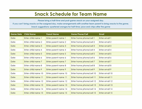 Youth sports snack sign-up sheet