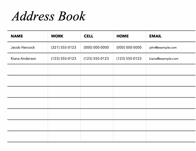 editable printable address book template