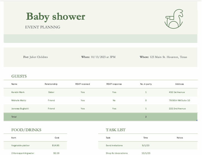 Baby shower planner