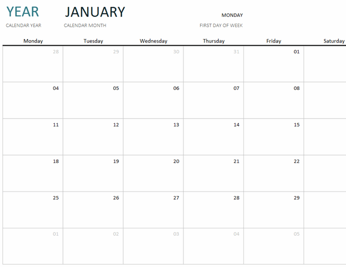 Any year one-month calendar