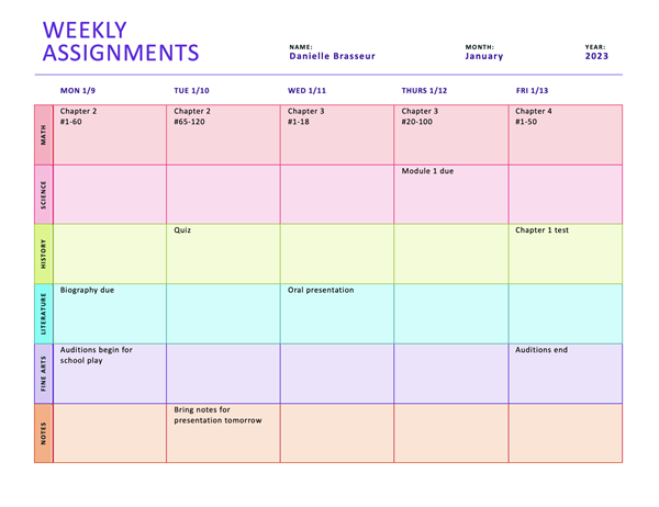 weekly assignment sheet color landscape