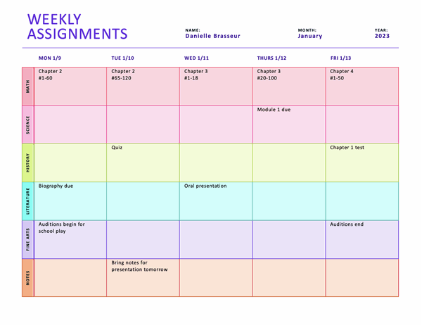 Weekly Assignment Sheet Color Landscape