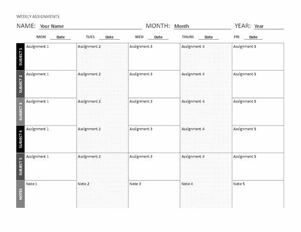 Weekly assignment sheet (landscape)