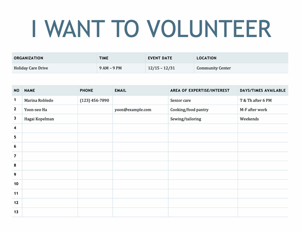 Volunteer sign-up sheet
