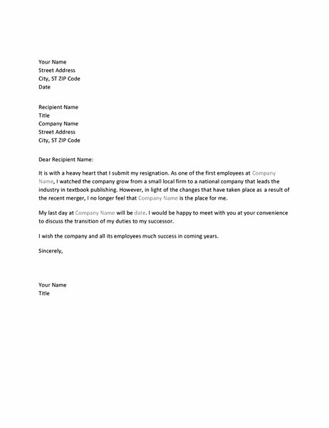 Letter of resignation due to merger