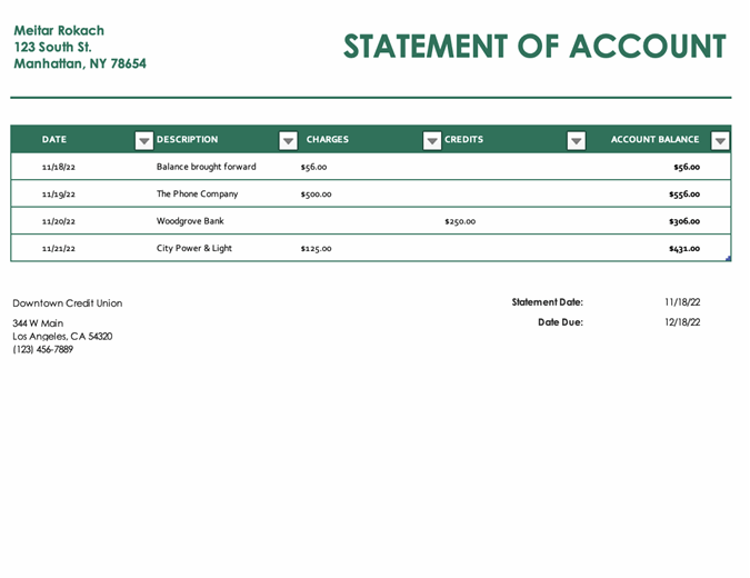 Billing statement of account