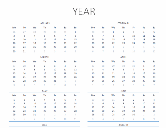 Any year calendar (Mon-Sun)