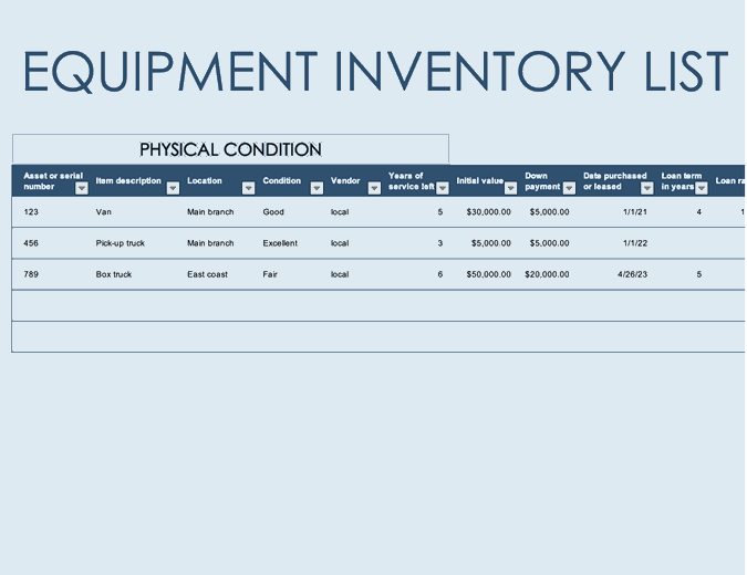 Equipment inventory list