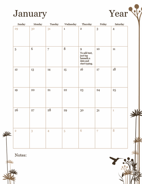 Hummingbird 12-month calendar (Sun-Sat)