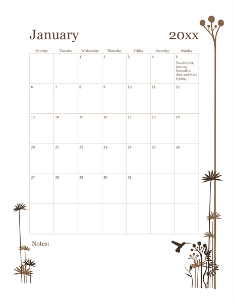 Hummingbird 12-month calendar (Mon-Sun) Hummingbird 12-month calendar (Mon-Sun)