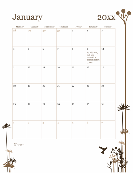 Hummingbird 12-month calendar (Mon-Sun)