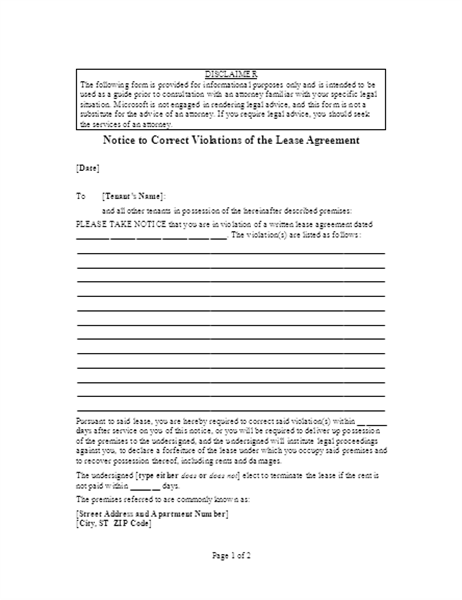 Notice to correct violations of lease agreement