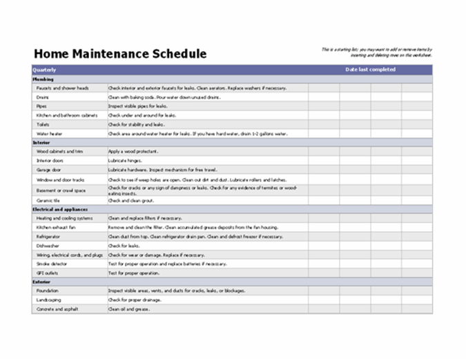 Home Maintenance Schedule Excel