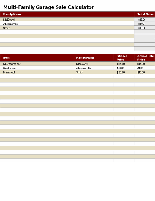 Multi family garage sale spreadsheet