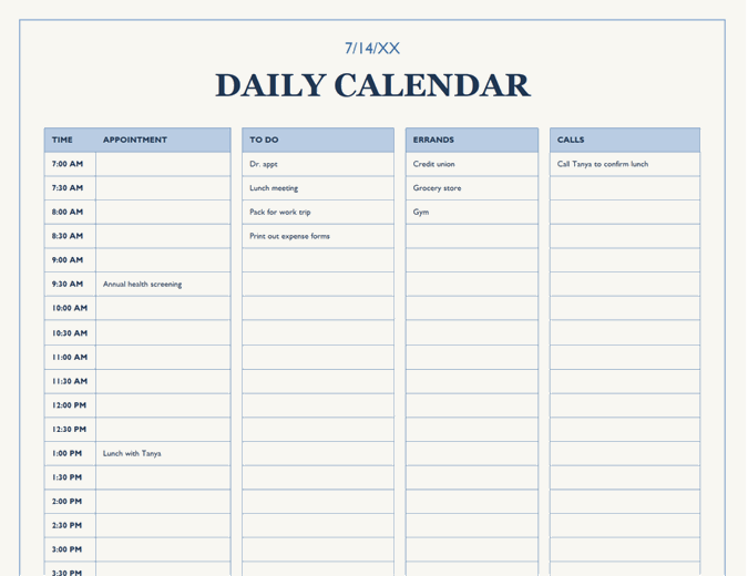 Blank daily calendar