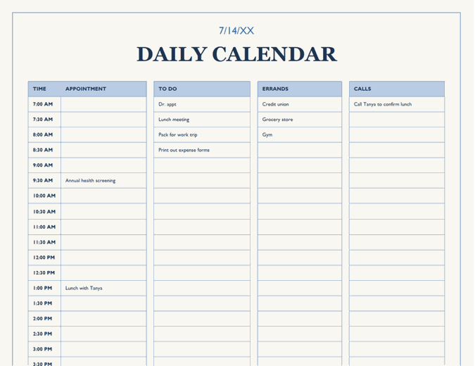 Calendar Daily Template