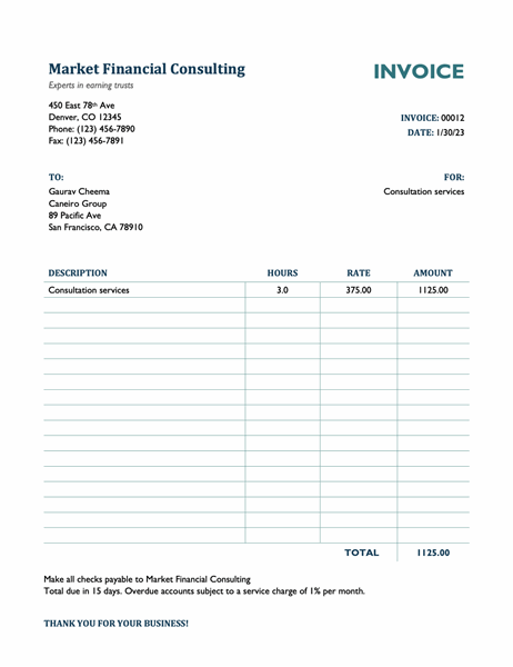 Services invoice with hours and rate