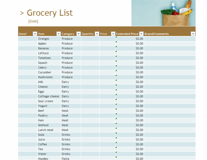 Grocery List Excel Templates Free