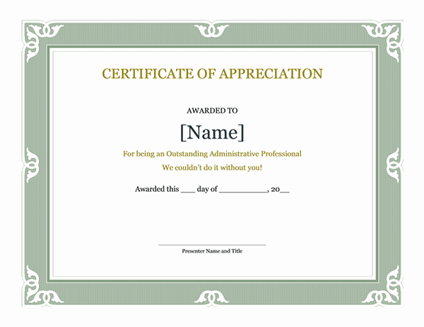Certificate of recognition for administrative professional