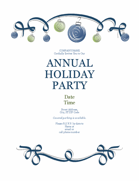 Holiday party flyer with ornaments and blue ribbon (Formal design)