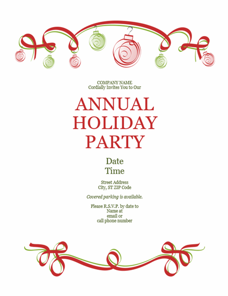 Holiday party invitation with ornaments and red ribbon (Formal design)