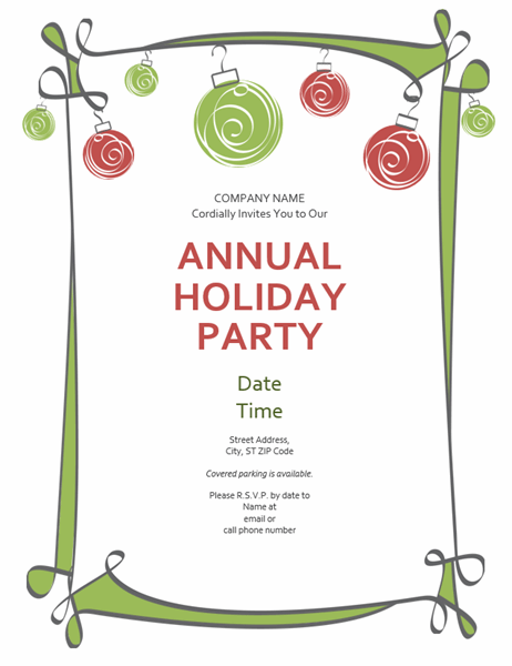 Holiday party invitation with ornaments and swirling border (Informal design)