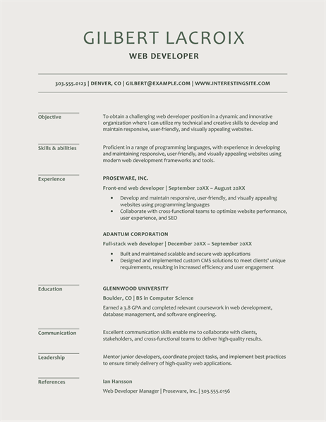 Modern web developer resume