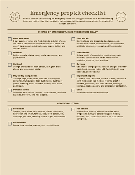 Emergency prep kit checklist Emergency prep kit checklist