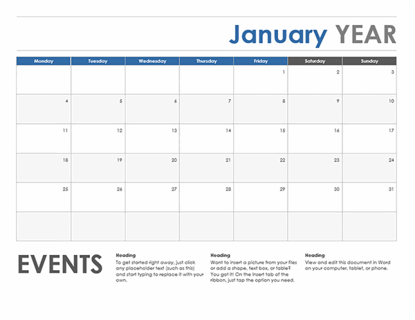 Horizontal Calendar Monday Start