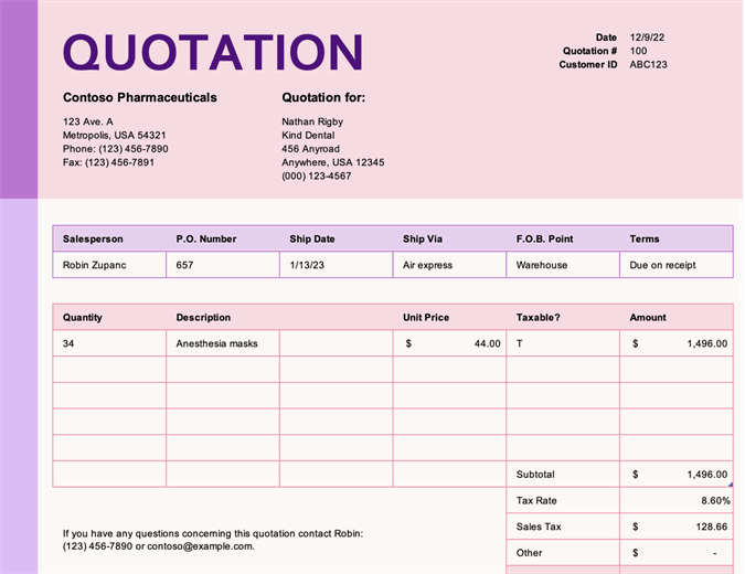Price quotation with tax calculation