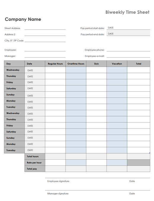 Biweekly timesheet with sick leave and vacation